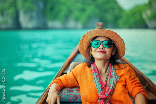 Asian woman wearing hat and orange tunic relaxing on a boat in Thailand photo