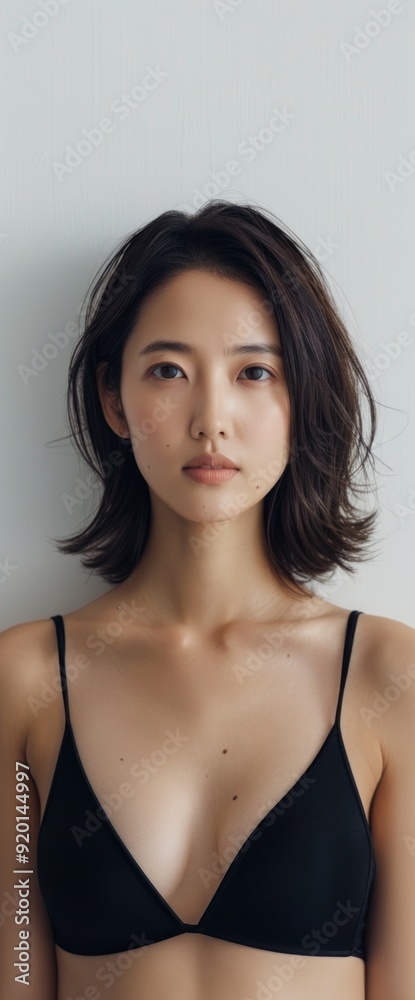Beauty products ad, Asian model, natural light, white background, full body shot Beauty products ad, Asian model, natural light, white background, full body shot