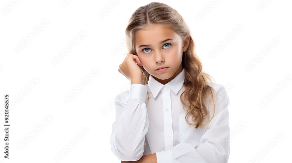 Lovely young girl wearing shirt, gazing into empty space, isolated on white background Lovely young girl wearing shirt, gazing into empty space, isolated on white background