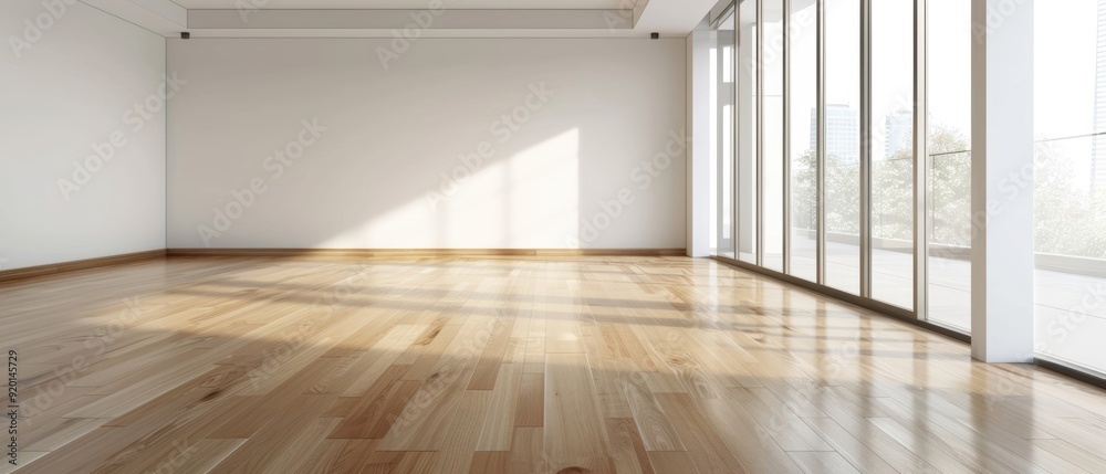 Obraz premium Spacious and bright empty room with wooden flooring and large windows allowing natural light to fill the space.