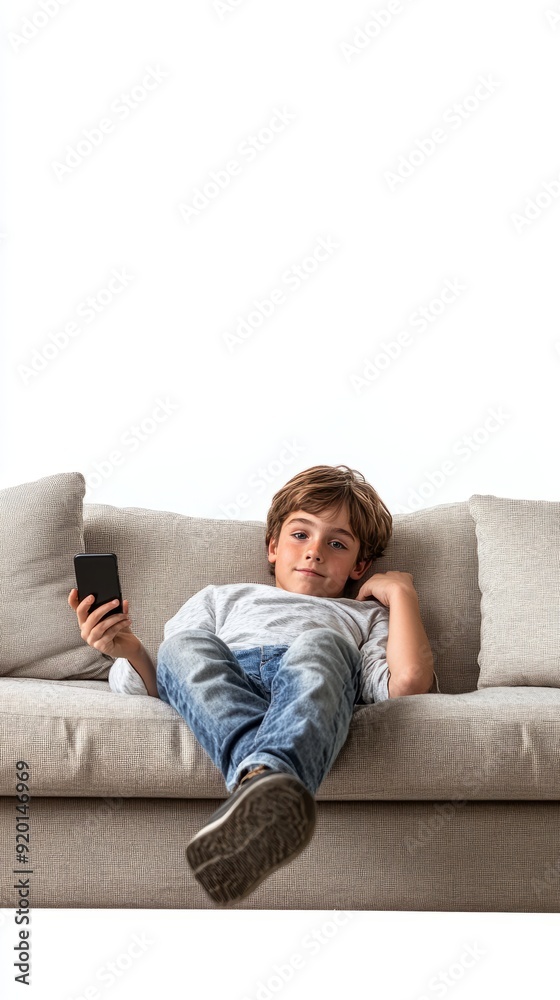 Relaxed young young Z generation lying on a sofa with a mobile phone isolated on white background Relaxed young young Z generation lying on a sofa with a mobile phone isolated on white background