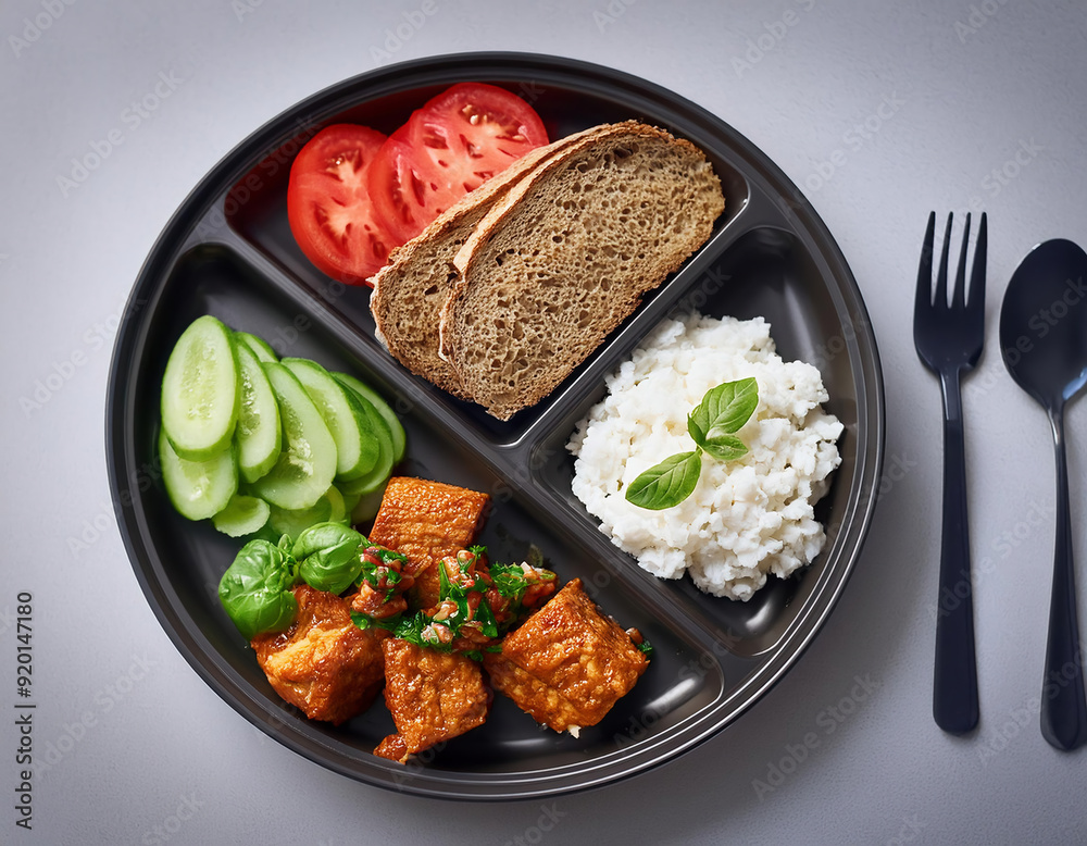 Healthy lunch in a black plastic plate with goat cheese, tomatoes, cucumbers and bread Healthy lunch in a black plastic plate with goat cheese, tomatoes, cucumbers and bread