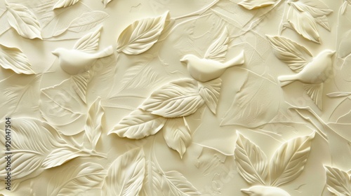 A detailed shot of a creamcolored craft paper showcasing subtle embossed patterns of birds and leaves tered across its surface. photo