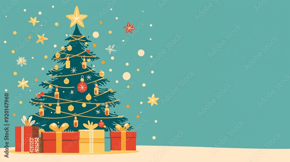 Fototapeta premium Christmas tree with gift boxes on green background