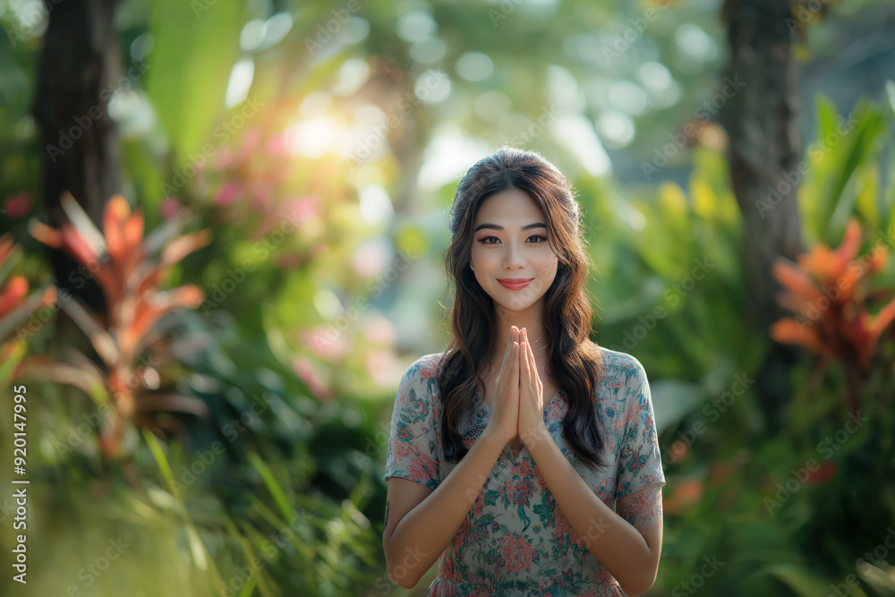 Pretty Asian woman holding hands in hello namaste, pray gesture. Pretty Asian woman holding hands in hello namaste, pray gesture.
