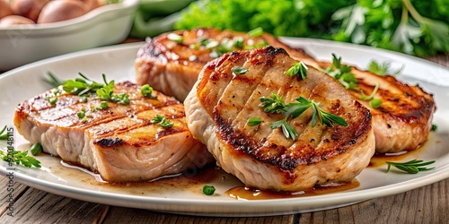 Close up of juicy pan seared boneless pork loin chops on a white plate , pork, loin chops, pan seared, juicy, white plate, meal