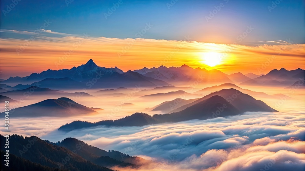 Foggy mountain range at dawn with the sun rising behind peaks, pastel sky gradient , nature, landscape, morning, mist, sunrise Foggy mountain range at dawn with the sun rising behind peaks, pastel sky gradient , nature, landscape, morning, mist, sunrise