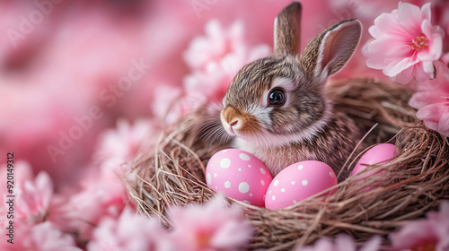 rabbit nestled in a cozy nest surrounded by colorful painted Easter eggs. The scene symbolizes the joy of Easter, new beginnings, and the innocence of springtime traditions