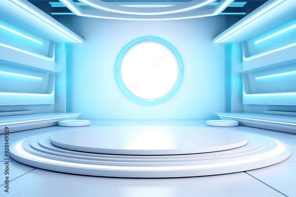 Futuristic room with round podium and blue lighting. Futuristic room with round podium and blue lighting.