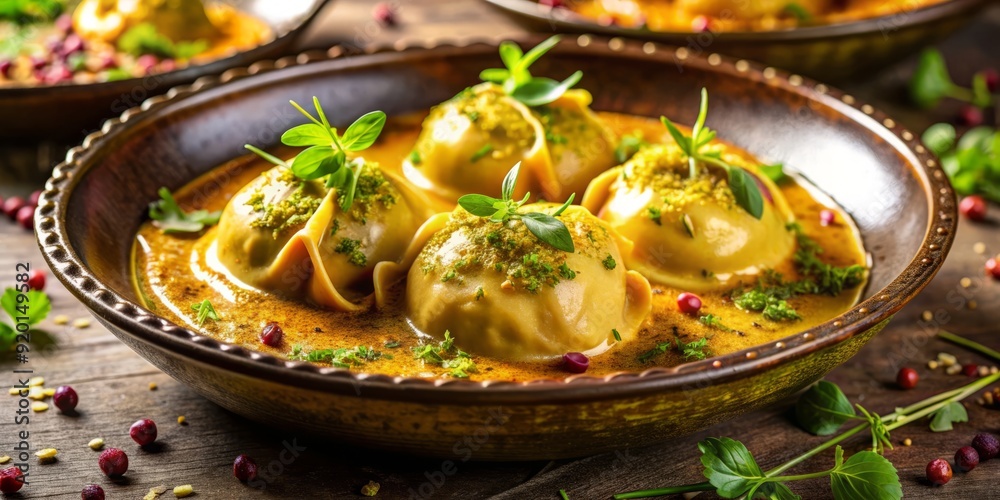 Spherical ravioli bursts with fragrant Indian spices and tender chicken, suspended in a velvety curry sauce, garnished with edible gold dust and microgreens. Spherical ravioli bursts with fragrant Indian spices and tender chicken, suspended in a velvety curry sauce, garnished with edible gold dust and microgreens.