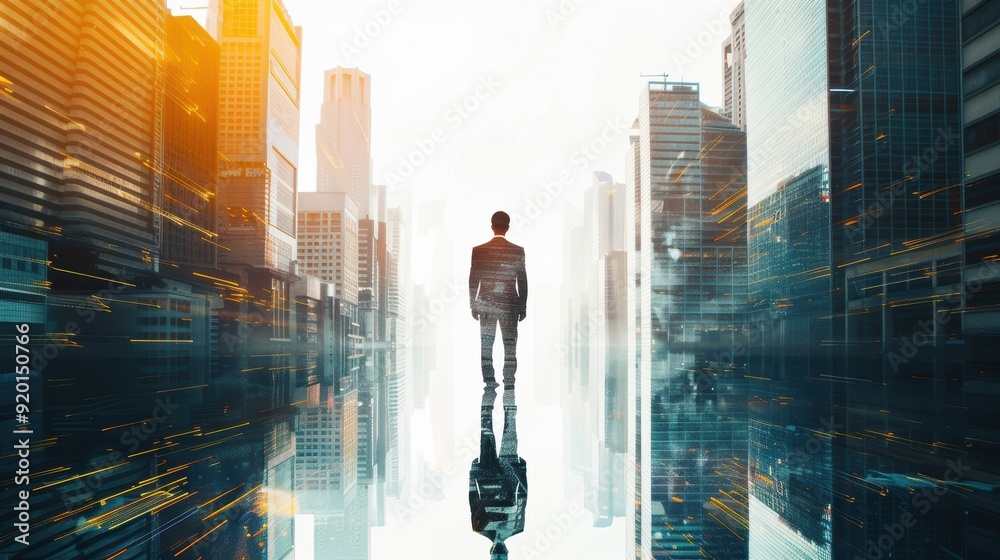 A lone figure stands in a futuristic cityscape, reflecting ambition and determination amidst towering skyscrapers and vibrant sunlight.