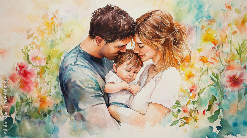 watercolor painting of father, child and mother loving each other