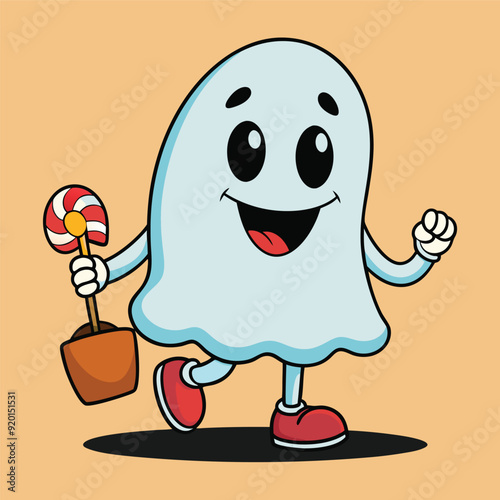 Ute groovy ghost is holding candy Cartoon style for Halloween vector art