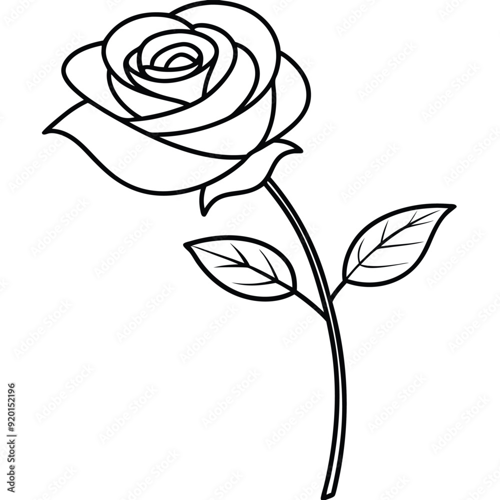 A drawing of a rose with leaves on a white background A drawing of a rose with leaves on a white background