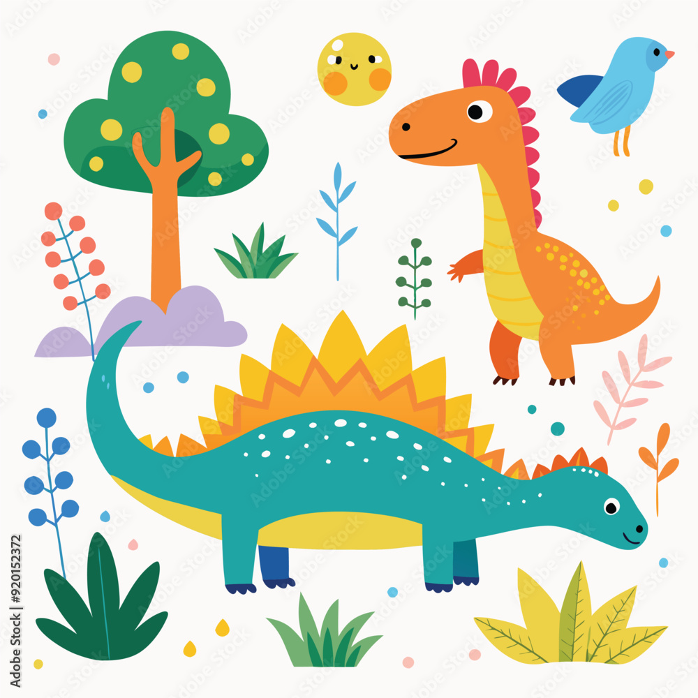 Obraz premium Set of cute isolated dinosaurs. Dinos, cactus, plants vector artwork