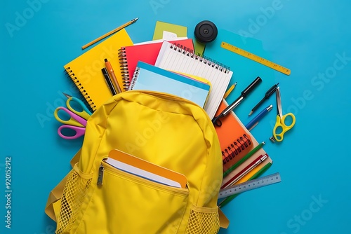 Bright Yellow Backpack Overflowing with School Supplies Notebooks Pens Pencils Scissors Ruler on Vibrant Blue Background Flat Lay Back to School Concept. photo