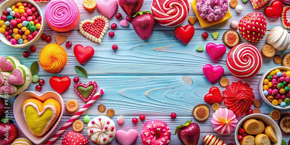 Fototapeta premium Vibrant and joyful composition of colorful valentines and sweet treats for a stylish celebration, valentines, love