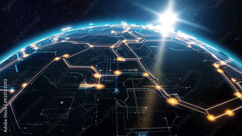 A digital representation of Earth with circuit-like patterns and a bright light source. A digital representation of Earth with circuit-like patterns and a bright light source.