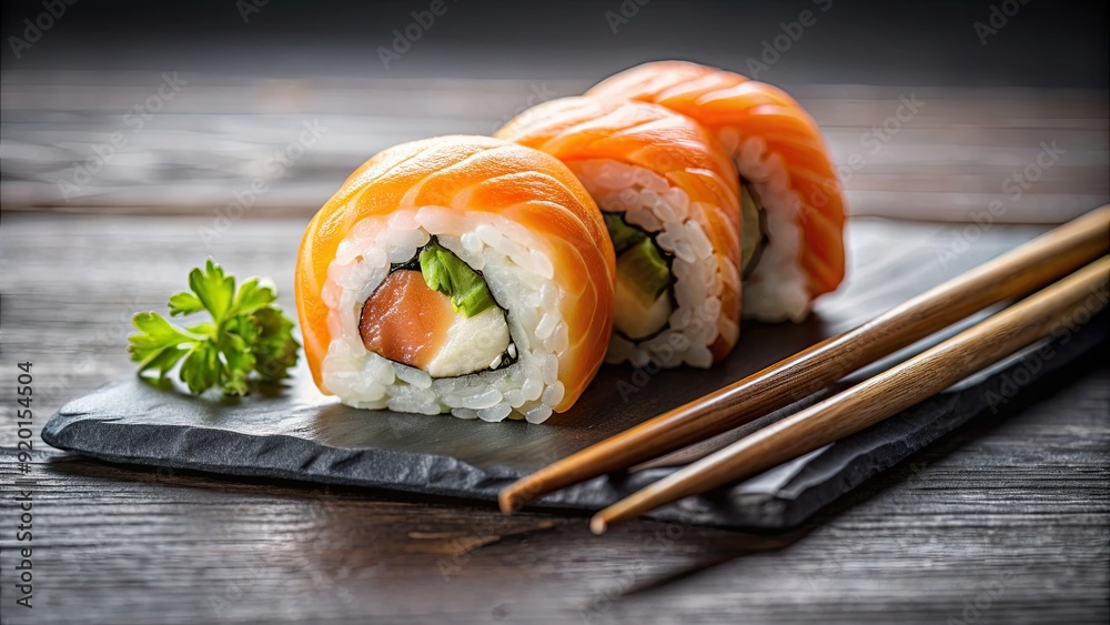 Sushi roll with fresh salmon served with chopsticks , sushi, salmon, Japanese food, seafood, raw fish, traditional, cuisine Sushi roll with fresh salmon served with chopsticks , sushi, salmon, Japanese food, seafood, raw fish, traditional, cuisine