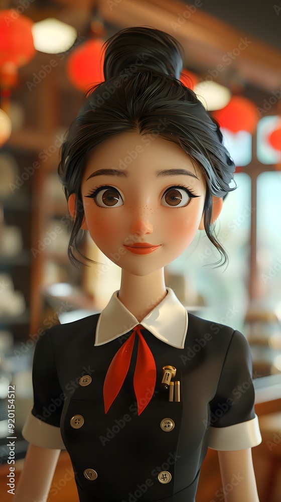 Charming 3D character model of a waiter in a Chinese restaurant, set in an Asian street environment. This engaging design captures the essence of hospitality and cultural dining experiences, making it Charming 3D character model of a waiter in a Chinese restaurant, set in an Asian street environment. This engaging design captures the essence of hospitality and cultural dining experiences, making it