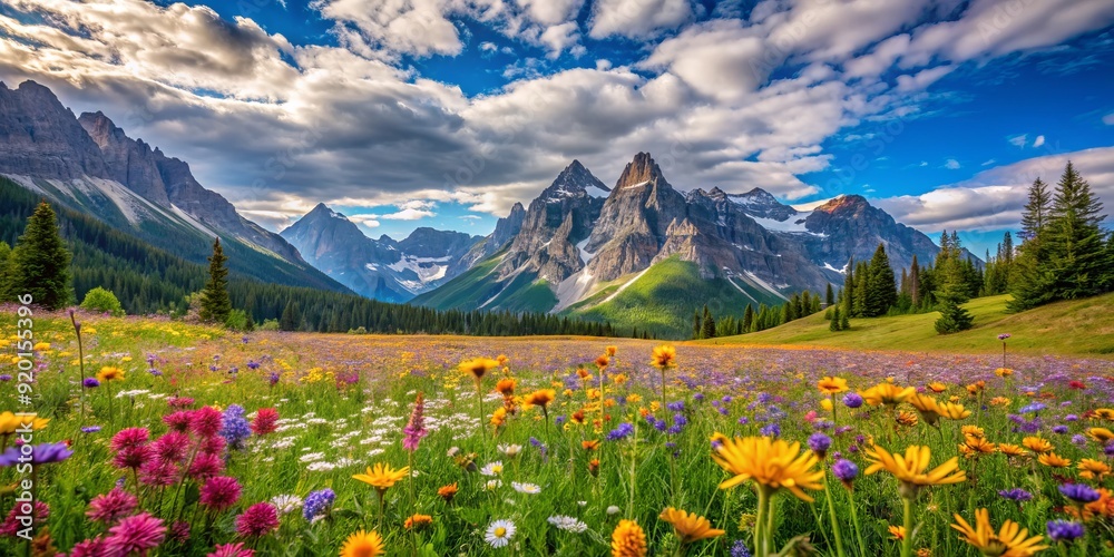 Vibrant wildflowers dot a serene alpine meadow, surrounded by towering mountain peaks, under a bright blue sky with a hint of wispy clouds. Vibrant wildflowers dot a serene alpine meadow, surrounded by towering mountain peaks, under a bright blue sky with a hint of wispy clouds.
