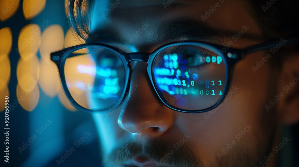 Programmer developer coder wears glasses working on programming code data, reflecting in glasses. Programmer developer coder wears glasses working on programming code data, reflecting in glasses.