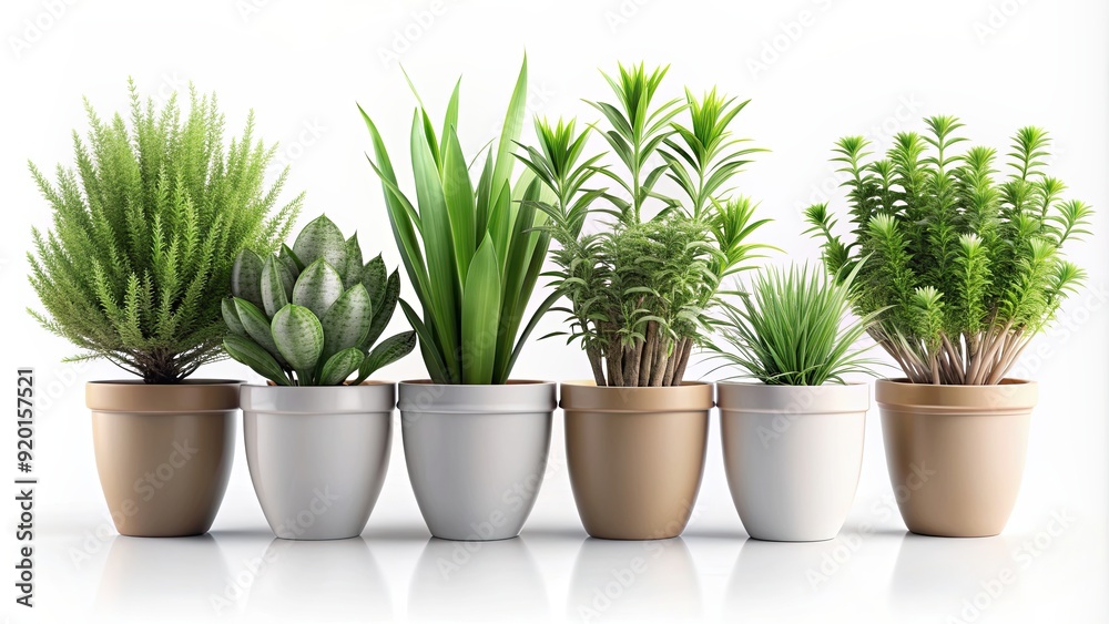 Fototapeta premium Collection of realistic plants with ceramic pots isolated on background. rendering, plants, ceramic pots