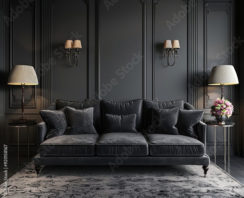 Photographer Chen Man's fashionable photography style features a dark gray fabric three seater sofa photo