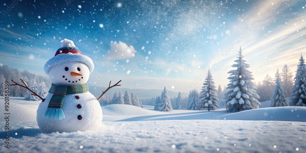 Charming winter scene of a snowman on snowy panoramic icy landscape, snowman, winter, snowy, panoramic, icy, landscape, holiday Charming winter scene of a snowman on snowy panoramic icy landscape, snowman, winter, snowy, panoramic, icy, landscape, holiday