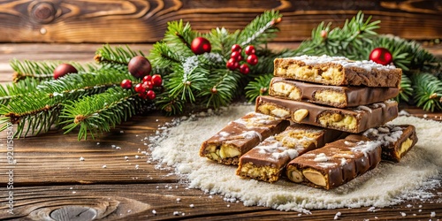 Torrone al cioccolato con biscotti su sfondo in legno e corona con neve. Tema natalizio. Natale, torrone, cioccolato, biscotti photo