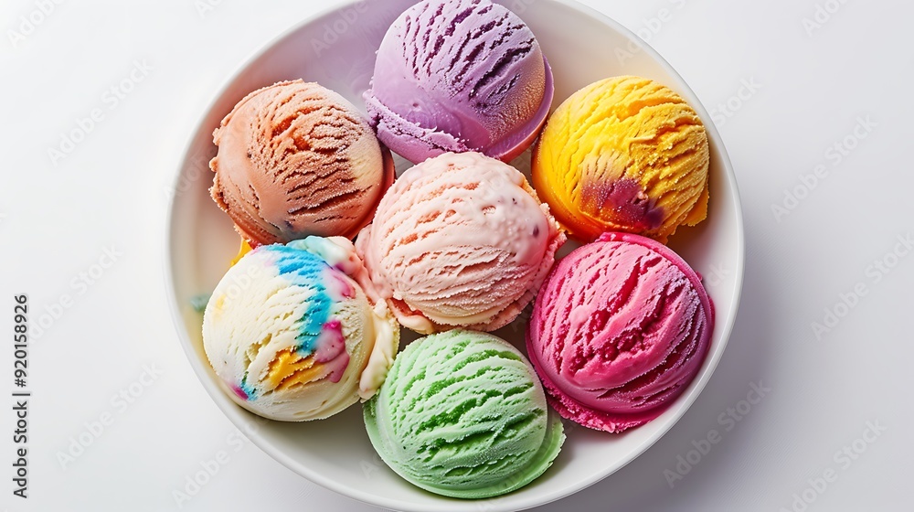A collection of colorful ice cream scoops arranged in a bowl on a white background. The variety of flavors and vibrant colors stand out. A collection of colorful ice cream scoops arranged in a bowl on a white background. The variety of flavors and vibrant colors stand out.