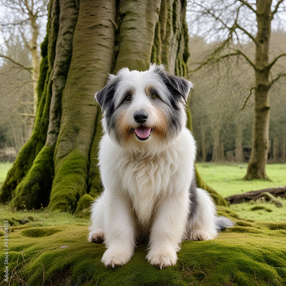 Cute sheet land sheepdog sitting on moss in front of a pretty big tree ooking away background, Cute sheet land sheepdog sitting on moss in front of a pretty big tree ooking away background,