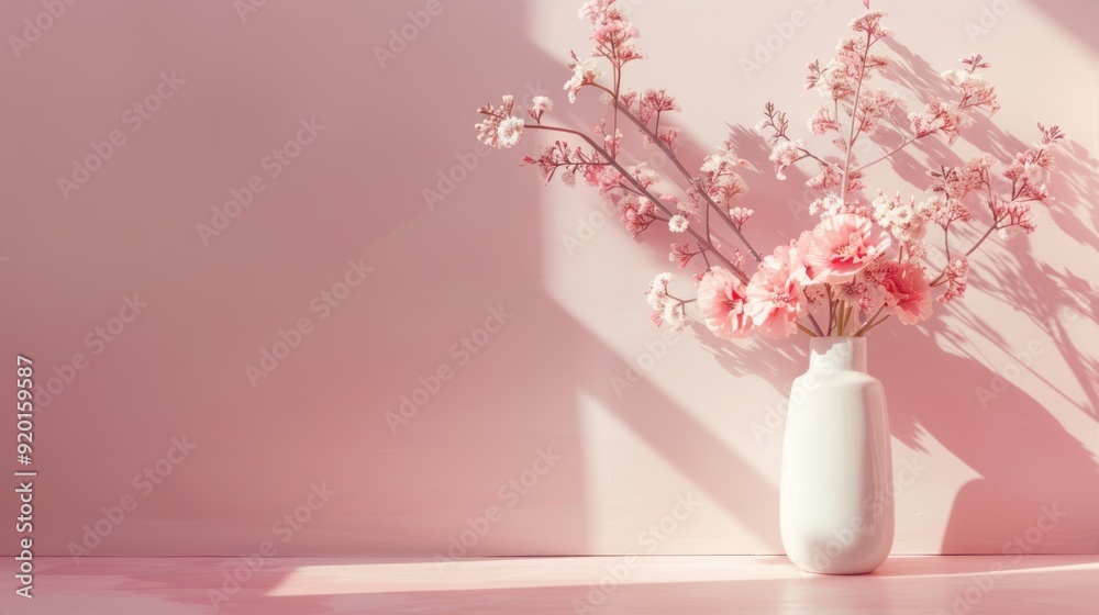 Pink Flowers in a White Vase on a Pink Background Pink Flowers in a White Vase on a Pink Background
