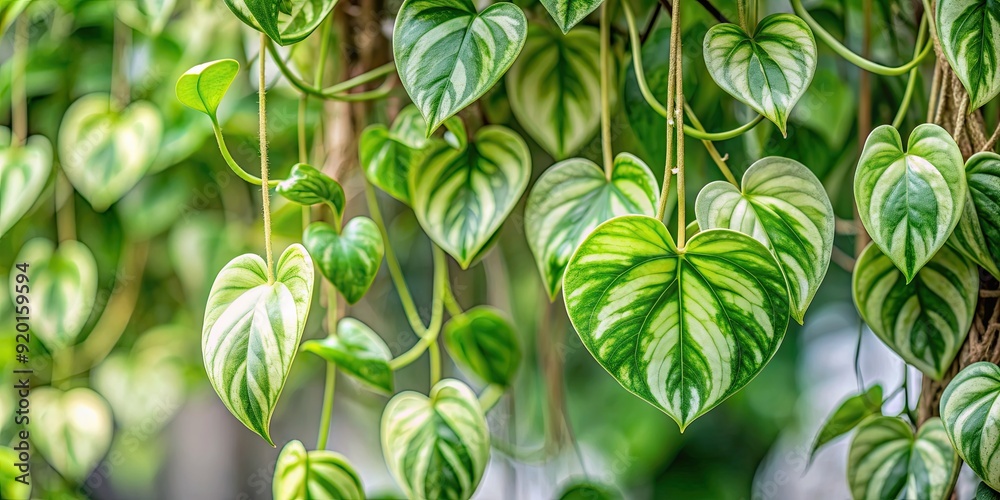 Obraz premium Heart shaped green variegated leaves hanging vine plant bush of devil?s ivy, popular tropical houseplant , foliage, plant