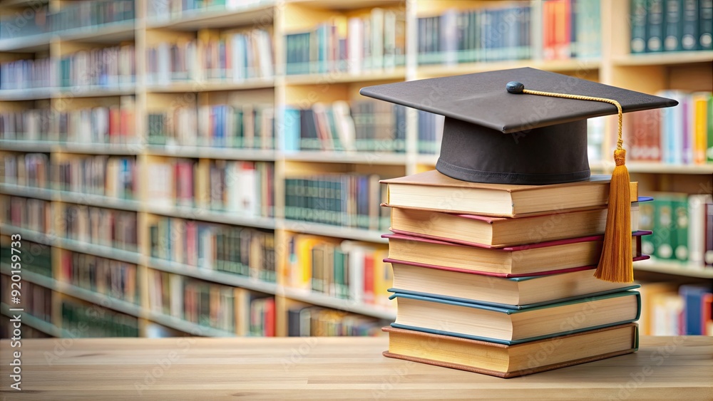 Stack of books in a library interior with a graduation cap on top, library, education, books, reading, stack, graduation Stack of books in a library interior with a graduation cap on top, library, education, books, reading, stack, graduation