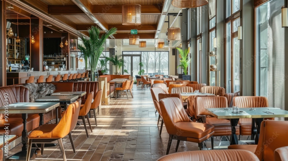 Fototapeta premium Modern Restaurant Interior with Warm Lighting and Brown Leather Chairs