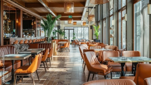 Modern Restaurant Interior with Warm Lighting and Brown Leather Chairs