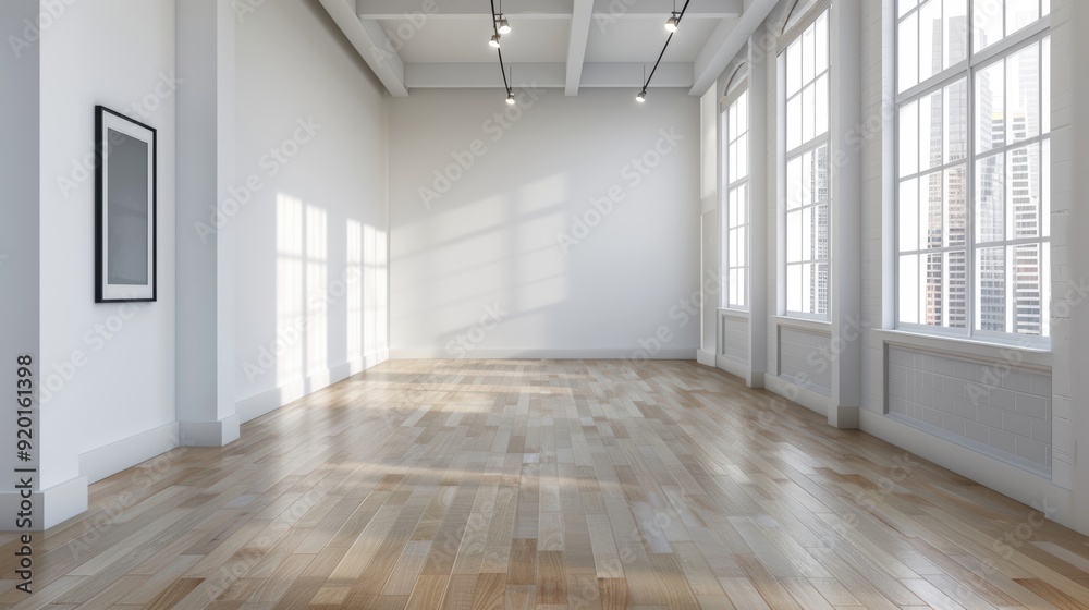 Fototapeta premium Bright and spacious gallery with wooden floor and large windows, ideal for exhibitions, events, or creative workspaces.
