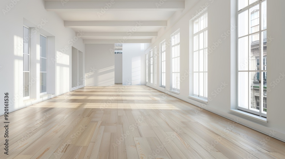 Fototapeta premium Bright and spacious interior with large windows and wooden floor, perfect for modern design projects or staging.