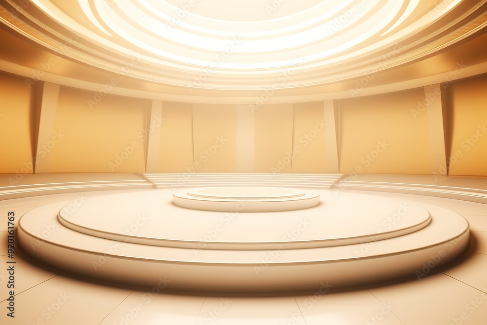 Circular podium with steps in a golden room. Circular podium with steps in a golden room.
