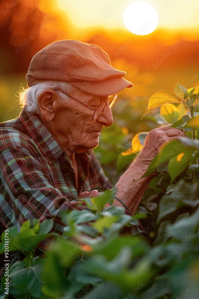 Elderly Farmer Tending to Crops at Sunset in a Lush Green Field with Golden Sunlight Elderly Farmer Tending to Crops at Sunset in a Lush Green Field with Golden Sunlight