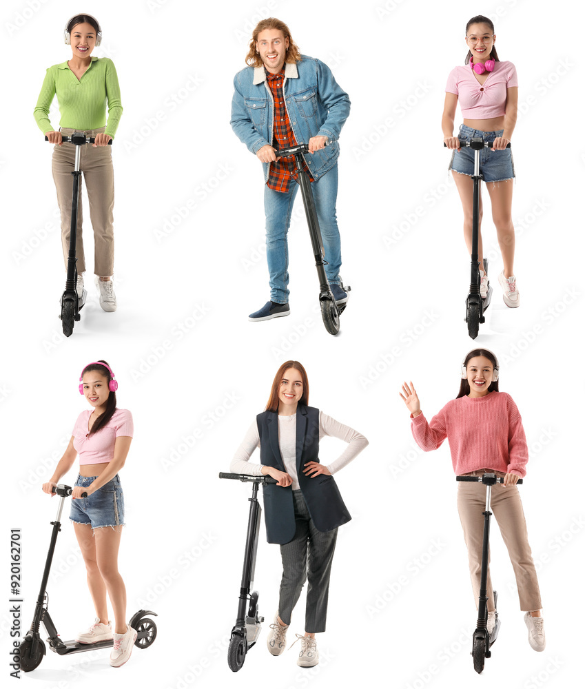 Obraz premium Collage of people with electric kick scooters on white background