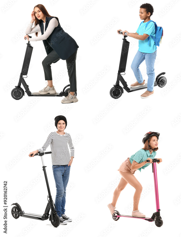 Set of people with electric kick scooters on white background Set of people with electric kick scooters on white background