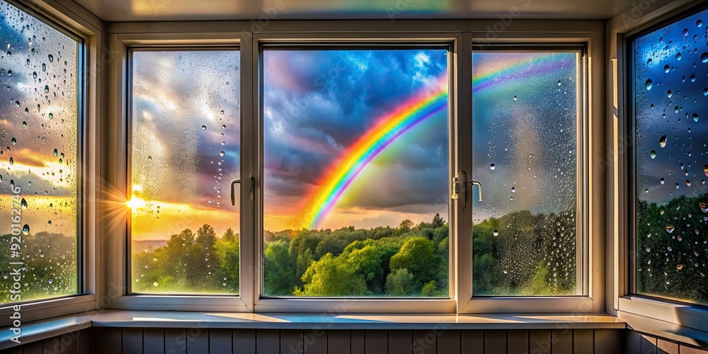 Fototapeta premium Rainbow adorned window reflecting light after storm, rainbows, window, glass, colorful, refraction, light, prism, translucent