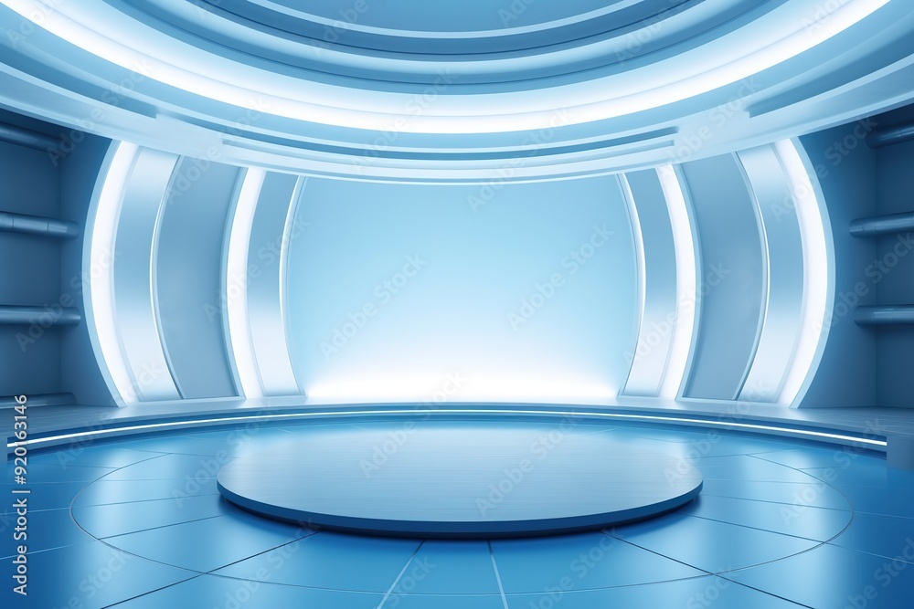 Obraz premium Futuristic blue circular platform in a sci-fi space.