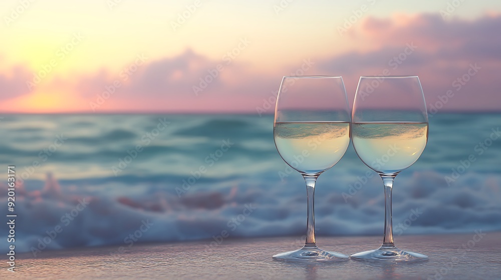 Two Wine Glasses on a Beach at Sunset Two Wine Glasses on a Beach at Sunset