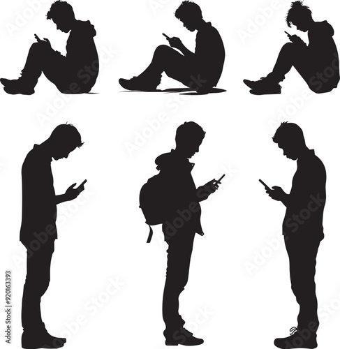 Person using smart phone texting while sitting, full body icon clean simple silhouette