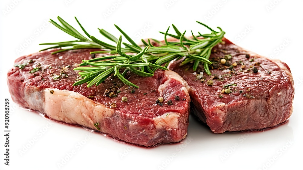 Two Raw Steaks with rosemary Isolated on White Two Raw Steaks with rosemary Isolated on White