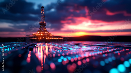 A conceptual image of an oil rig against a digital landscape, representing the intersection of traditional energy extraction with modern technology.