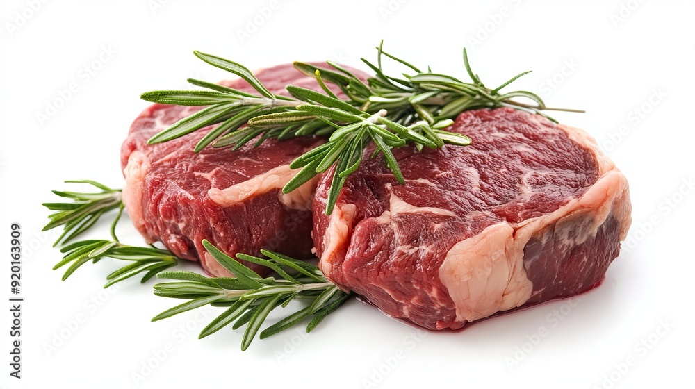 Two Raw Steaks with rosemary Isolated on White Two Raw Steaks with rosemary Isolated on White